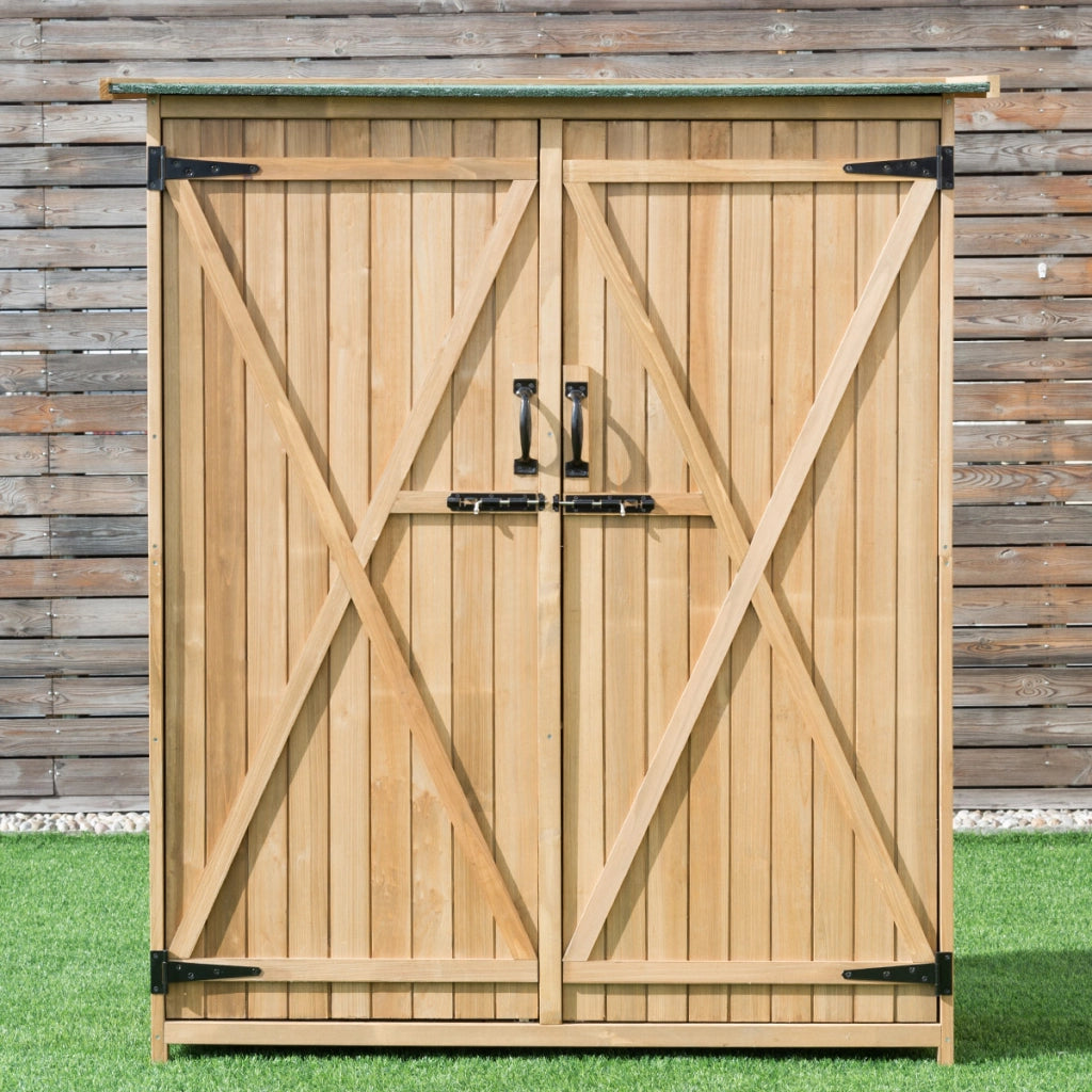 Casetta da giardino con tetto inclinato in asfalto 2 porte e ripiani, Ripostiglio porta attrezzi in legno-Casette da giardino