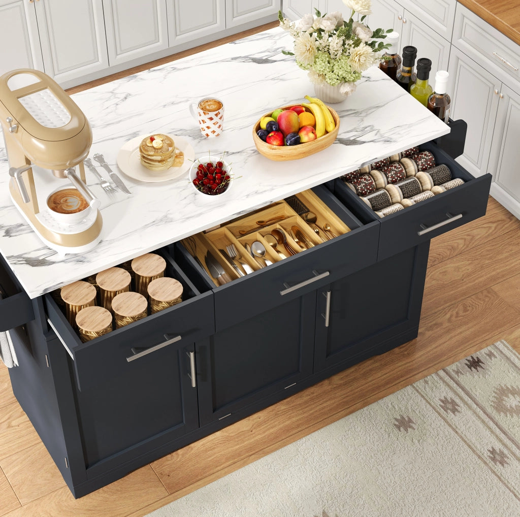 Isola cucina mobile grigia con piano pieghevole, prese e cassetti