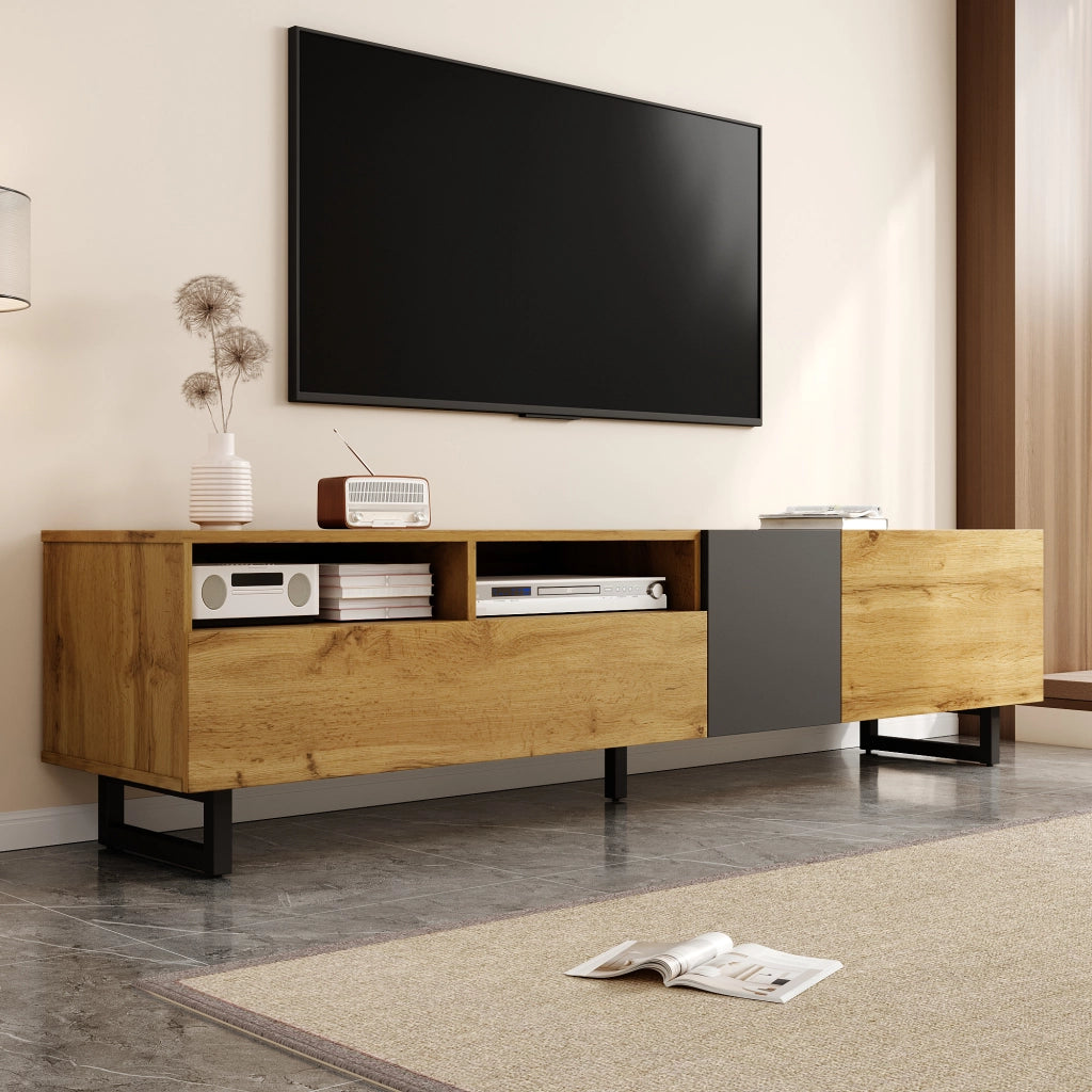 Mobile TV con 3 Ante e 2 Vani Aperti; Gambe in Metallo; per Soggiorno; in Truciolato; 170×42×36.5 cm