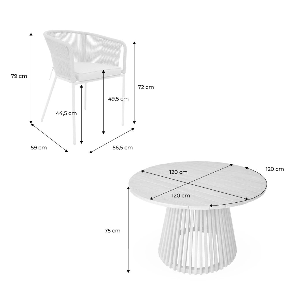 Set tavolo da pranzo rotondo in legno con 4 poltrone in corda, nero