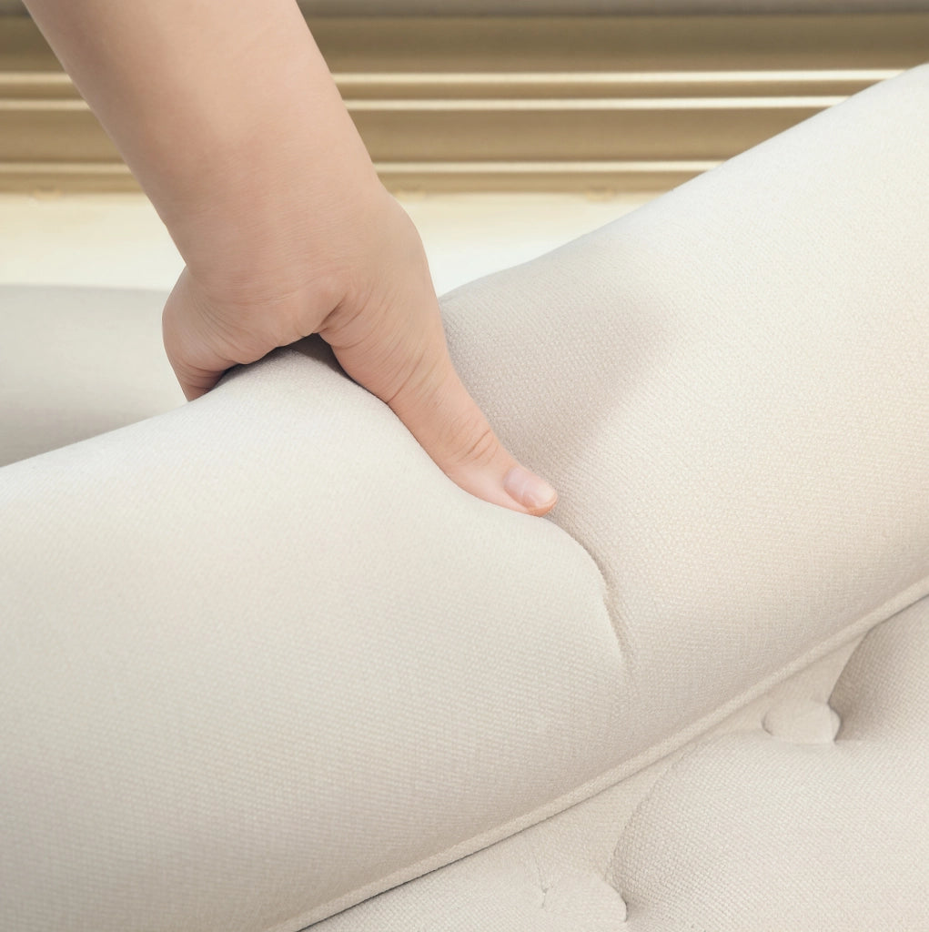 Panca imbottita in ciniglia con braccioli e 2 cuscini; 115 x 44 x 58 cm; beige
