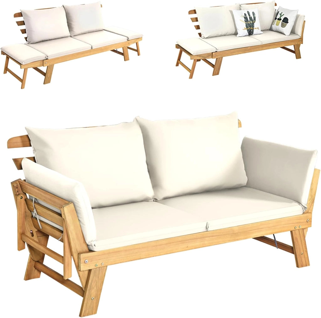 Divano Esterno Giardino 2 Posti, 2 in 1 con Cuscino Morbido, Divanetto da Esterno in Legno di Acacia con Braccioli Regolabili, Sdraio per Terrazza e Cortile, 198/157 x 75 x 75 cm (Bianco)