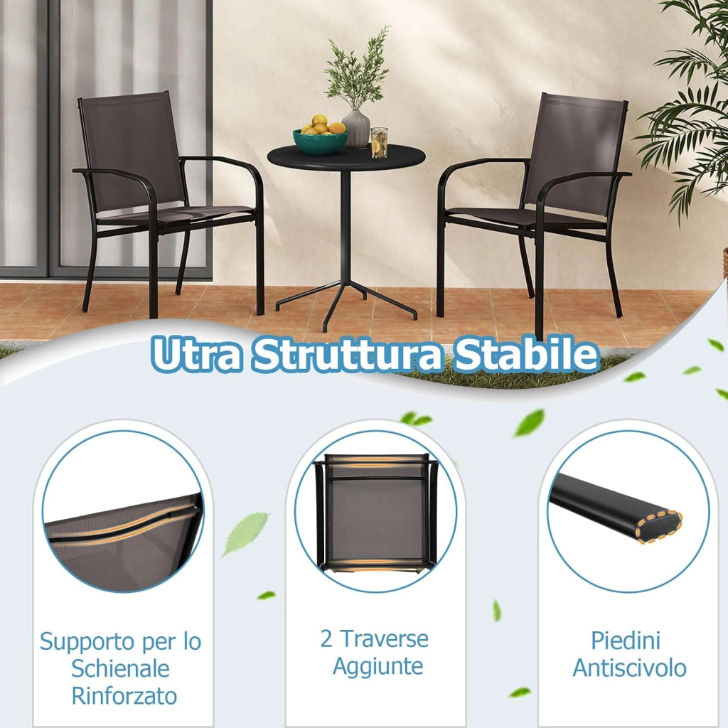 Set di 2/4 Sedie da Pranzo per Esterni, Sedia da Giardino Impilabili con Tessuto Traspirante, Braccioli, Schienale Alto e Telaio in Metallo, Portata 150 kg (Grigio,4)