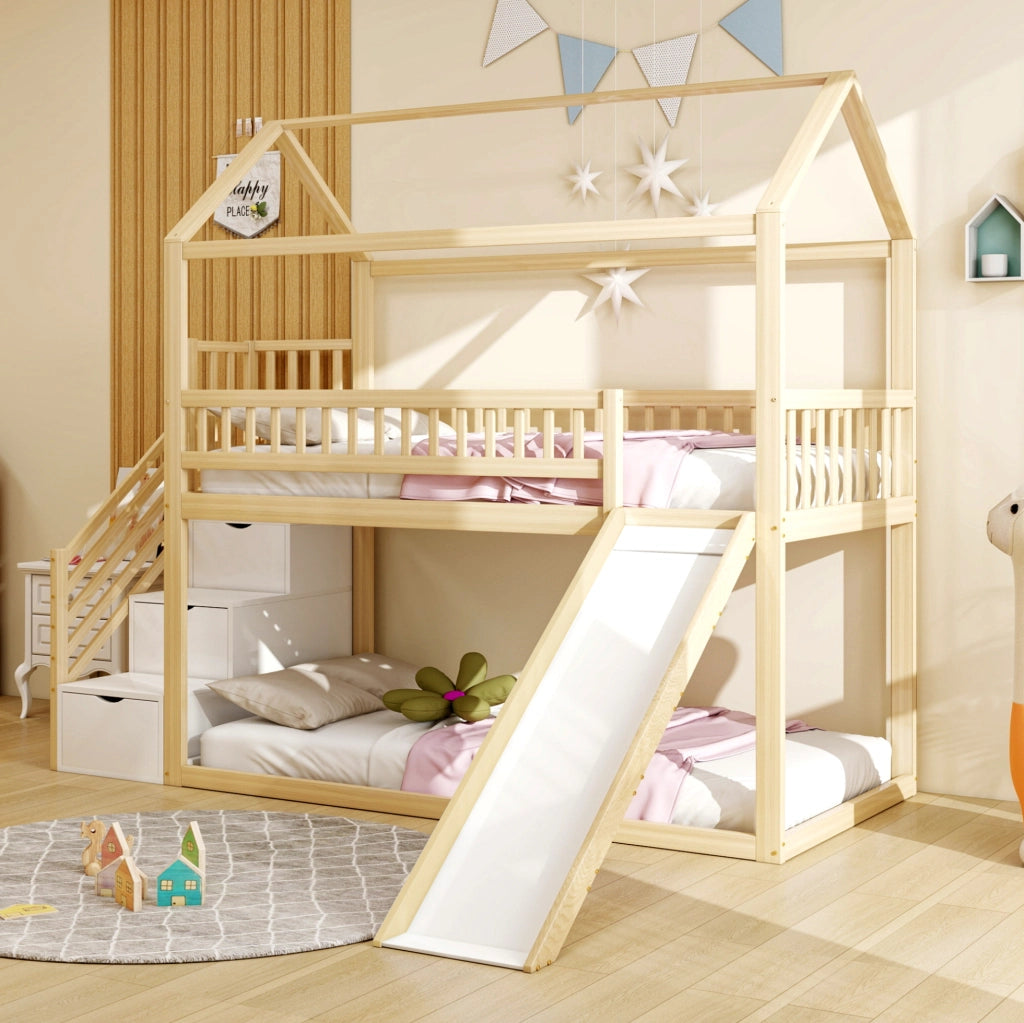 Letto a soppalco 90x200 cm con scivolo e scala contenitore in legno colore naturale