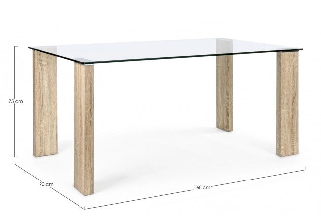 Tavolo da Pranzo Piano in Vetro Temperato con Gambe Effetto Legno - FELIX