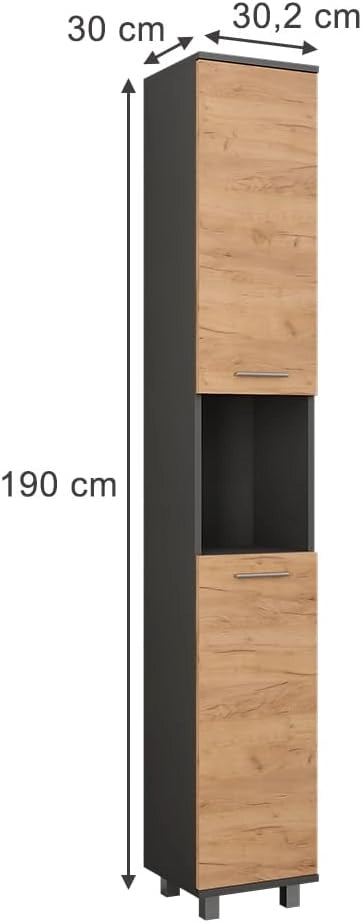 Mobile alto Ilias, Antracite/quercia dorata, 30.2 x 190 cm con 2 porte, per la conservazione di articoli da bagno e prodotti per la cura personale