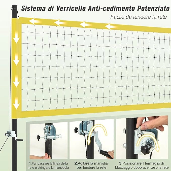 Rete da Pallavolo per Esterni Portatile, Rete con Pali Regolabili in Altezza, Anti-Afflosciamento, Pallavolo, Pompa, Martello, Linea di Confine e Borsa, per Giardino e Spiaggia