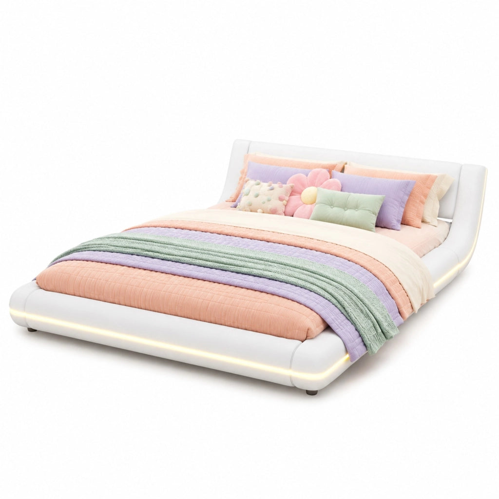 Letto basso 140x200 cm in PU bianco con LED ambienti, struttura in MDF