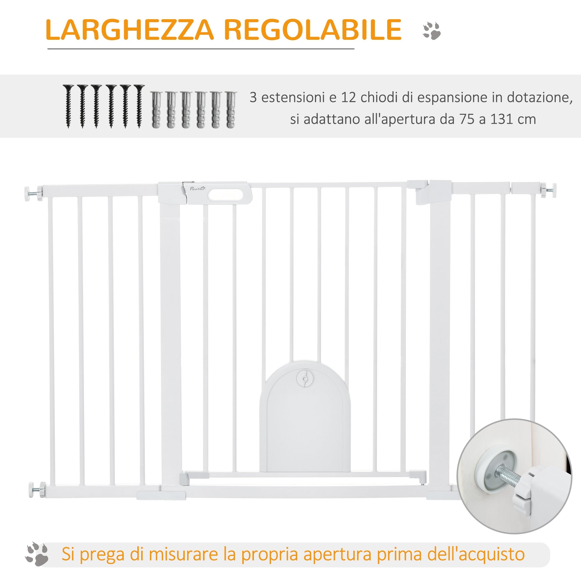 Cancelletto per Cani Estensibile con Porta a Chiusura Automatica 75-131x76 cm in Metallo e ABS Bianco