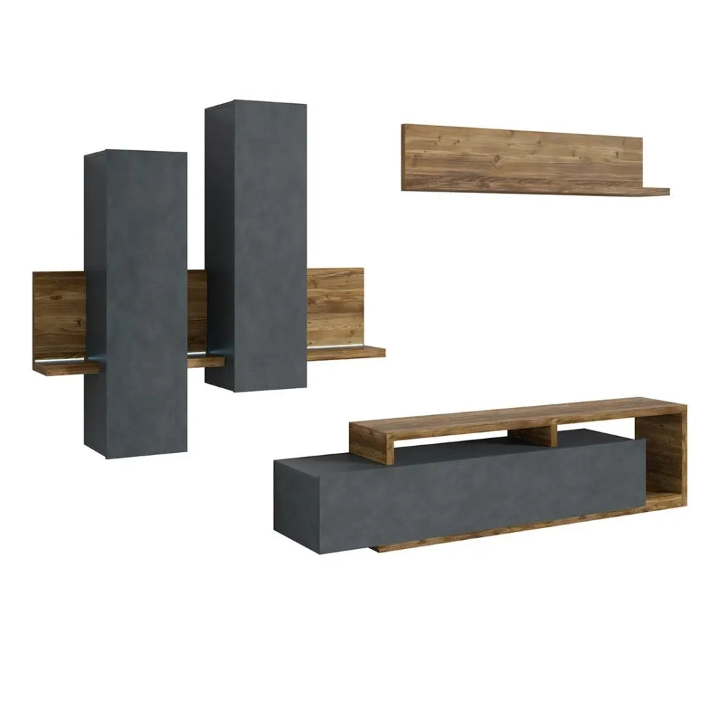 Set di mobili da soggiorno con LED collezione BERGAMO. Colori grigio e rovere scuro.