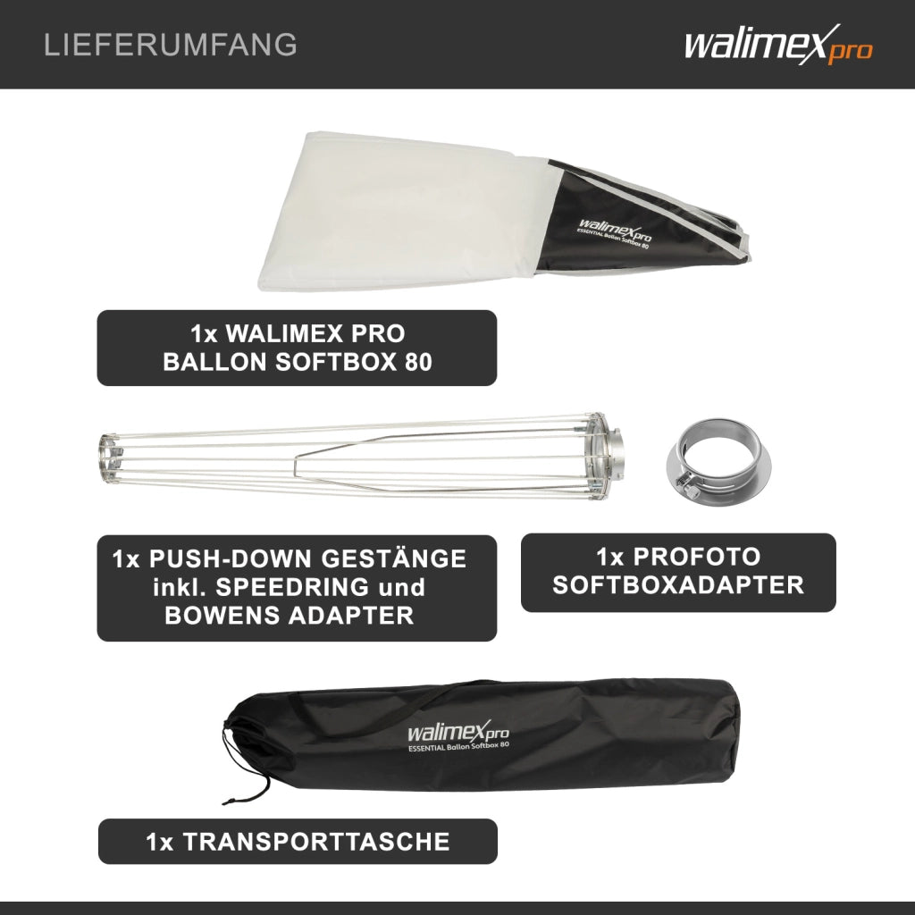 Essential Balloon Softbox 80cm + adattatore softbox per Profoto (diametro esterno: 15,2 cm), diffusore di luce a 360° ad apertura rapida, adattatore Bowens, compatibile