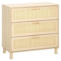 Cassettiera a 3 Cassetti in Legno e Rattan Stile Boho Chic, 80x40x80cm