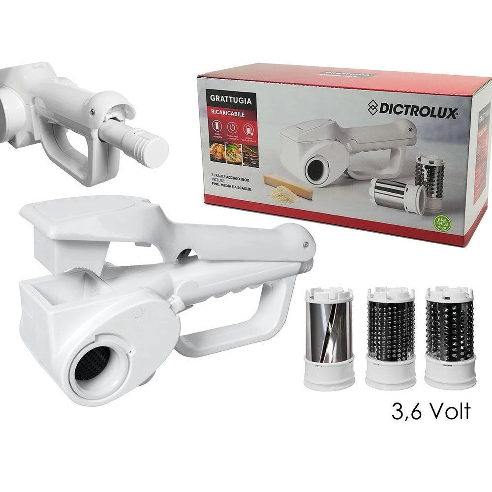 Trade Shop - Grattugia Elettrica Da Tavola 3,6v 3 Trafile Rullo Estraibile In Acciaio Ricaricabile -