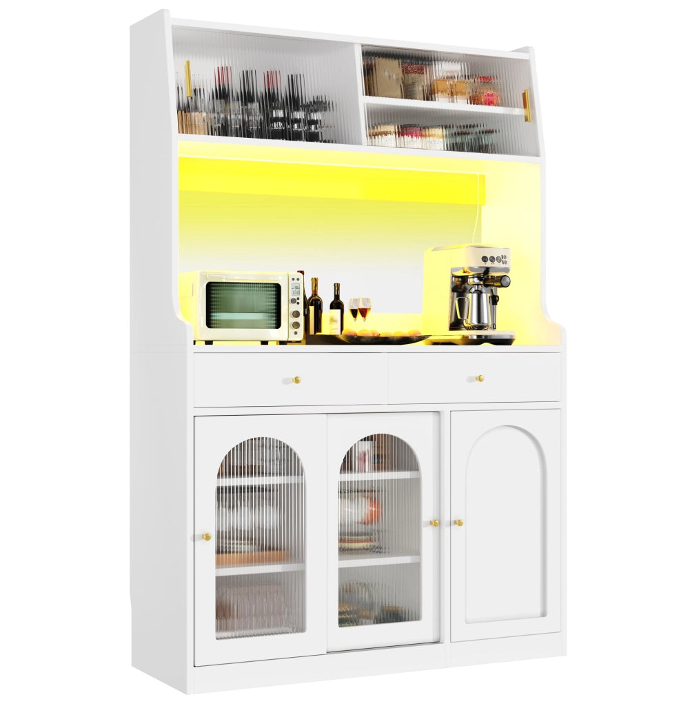 Credenza alta 120x40x180 cm con LED da app; ripiani regolabili e cassetti in MDF e PB bianco