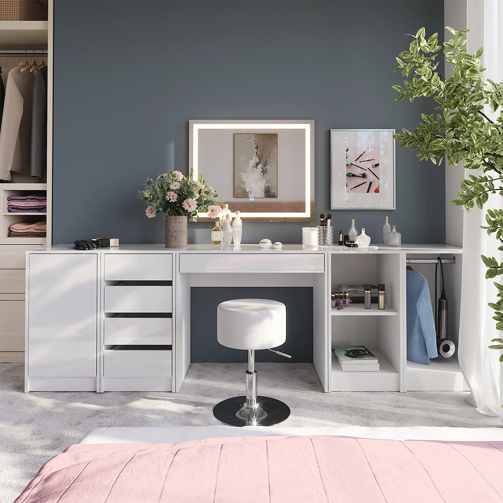 Vicco Tavolo da toeletta Bianco/bianco lucido 81.4 cm con specchio LED e sgabello