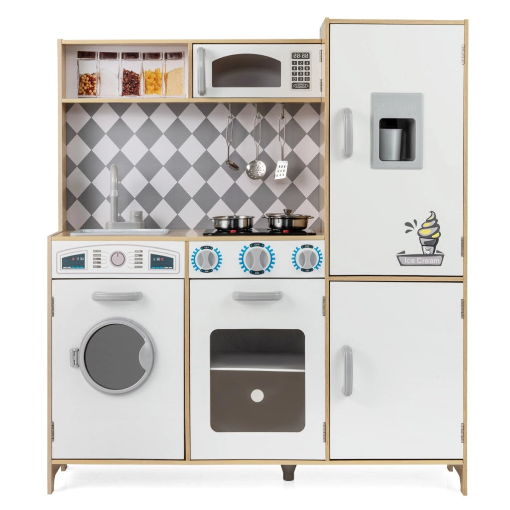 Cucina giocattolo in legno integra macchina del ghiaccio e piano cottura, Cucina giocattolo integra forno e microonde Legno naturale-Cucine giocattoli