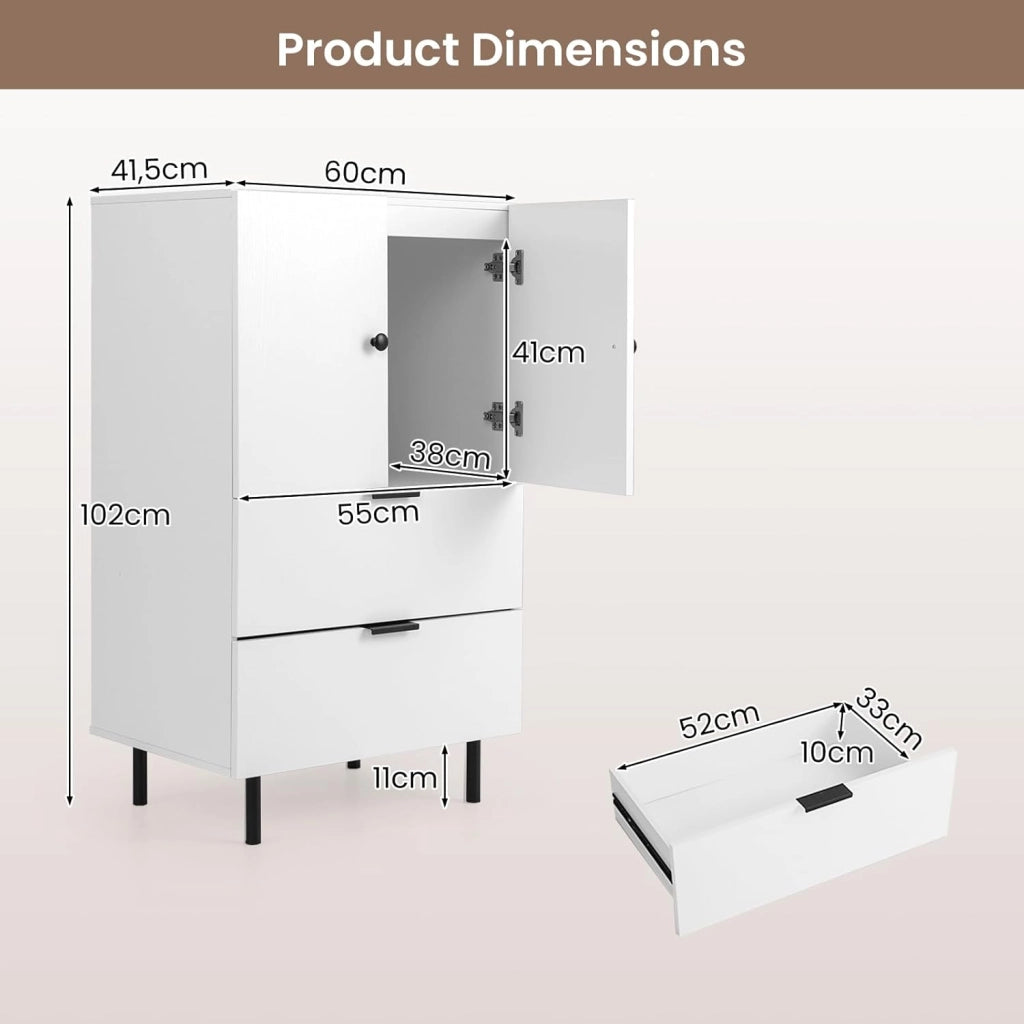 Mobiletto di Stoccaggio con 2 Cassetti e Scomparto a Doppie Porte, Tavolino in Stile Industriale con Gambe in Metallo Robuste, Dispositivo Anti-Ribaltamento, Caffè/Bianco