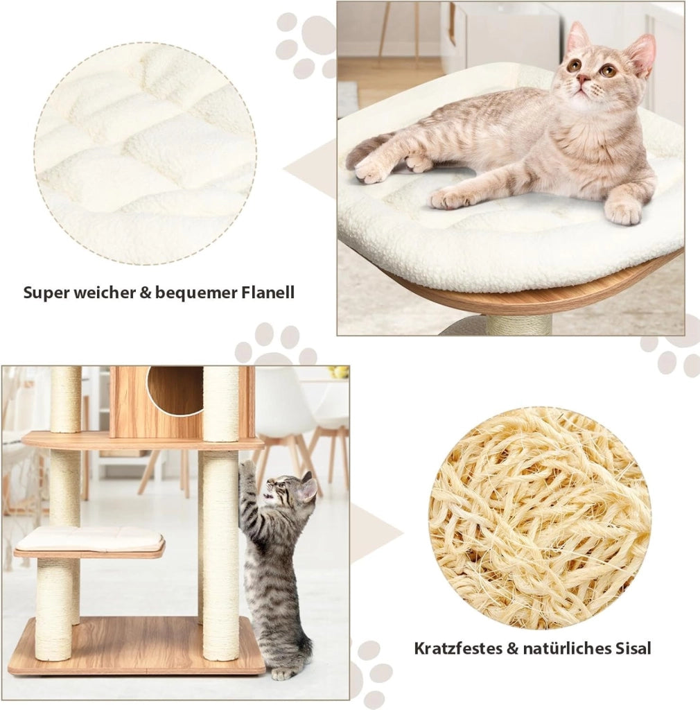 Tiragraffi grande 175 cm di altezza, robusto albero per gatti in legno, con 6 piattaforme, casetta per gatti e tronchi sisal, mobili per gatti, albero attività (naturale)