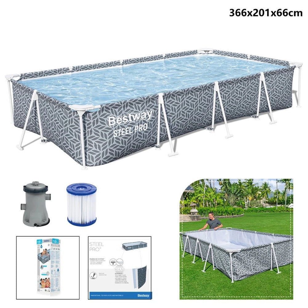 Trade Shop - Piscina Steel Pro Con Pompa Filtro 366x201x66 Cm Design A Foglia Rettangolare 561fv -