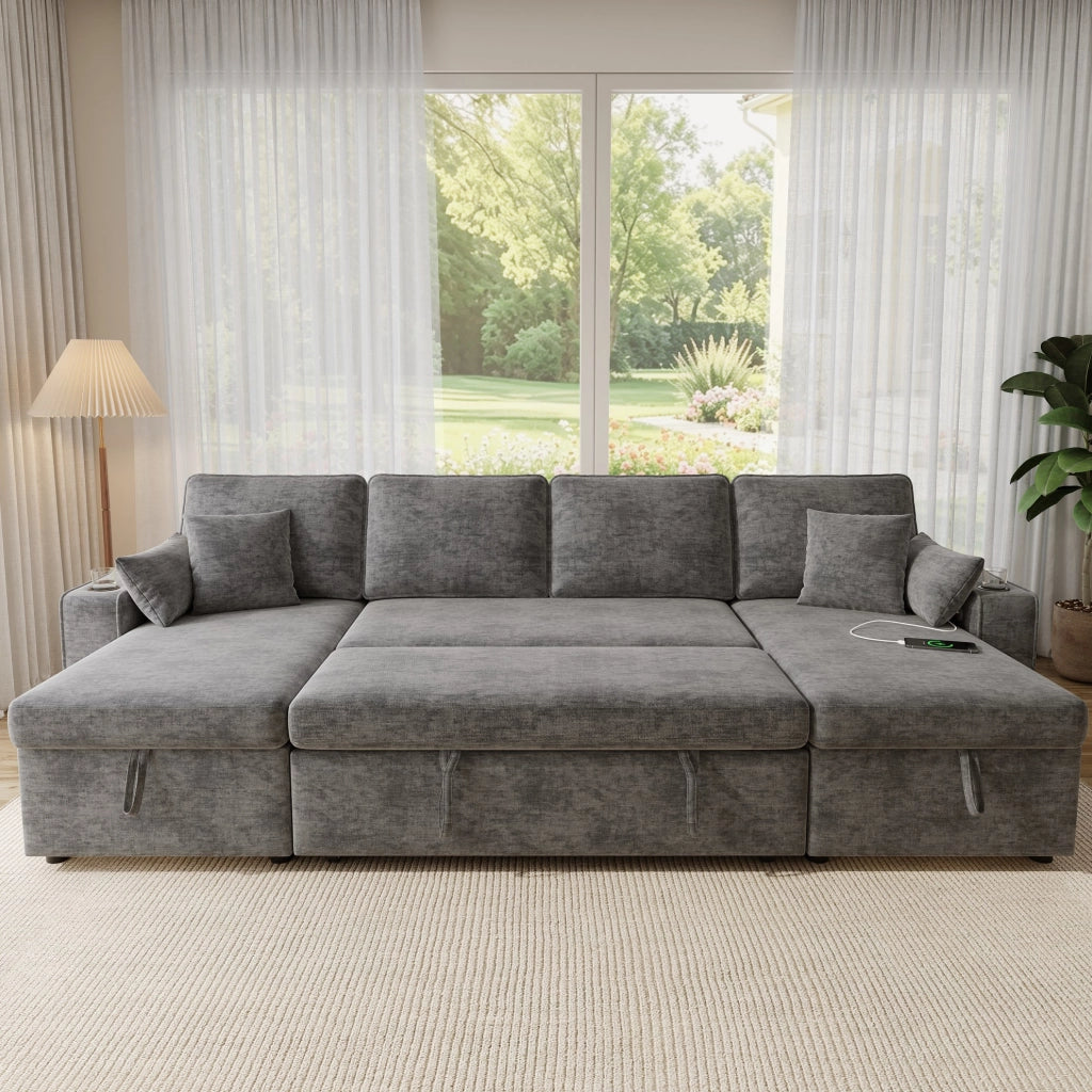 Divano angolare a U trasformabile 270x125x86 cm in chenille grigio con contenitore e USB