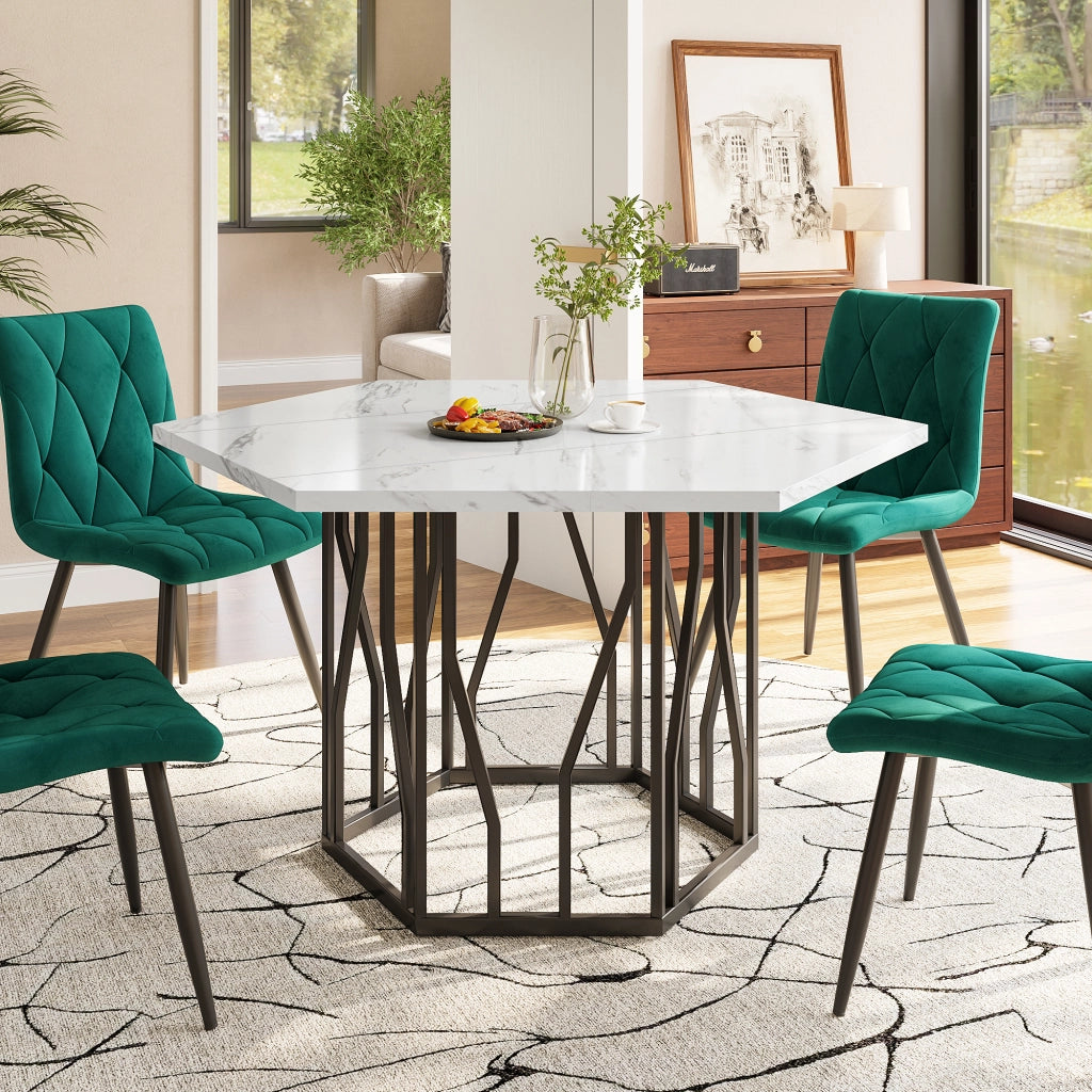 Tavolo da pranzo esagonale con piano effetto marmo in MDF e base in metallo nero per sala da pranzo e soggiorno