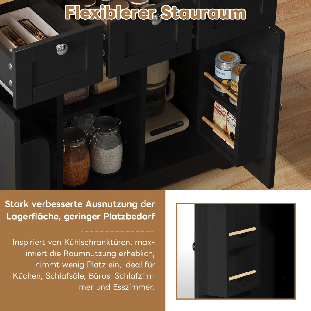 Carrello da cucina con piano ribaltabile e ruote, 3 cassetti, 2 vani con ante, per cucina, in MDF, natural e nero