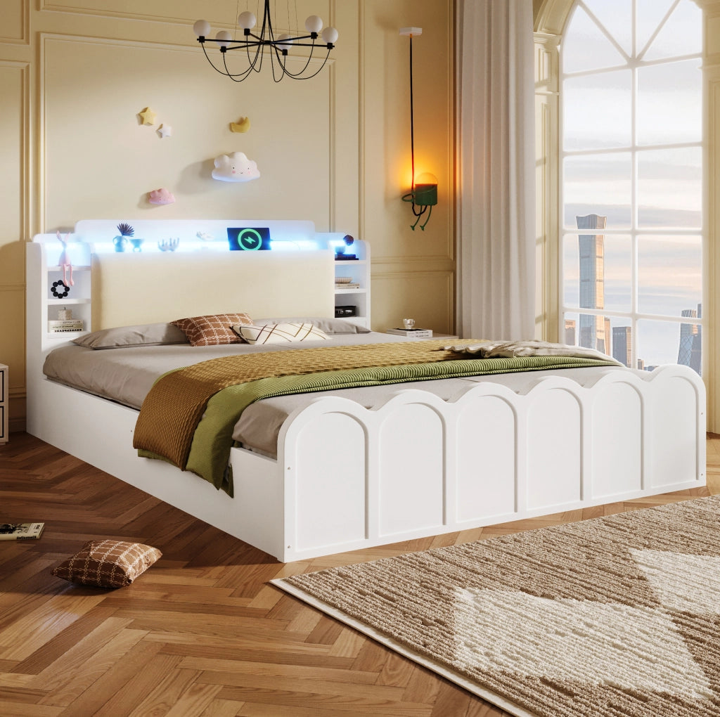 Letto contenitore 140x200 cm bianco con LED, USB e USB-C