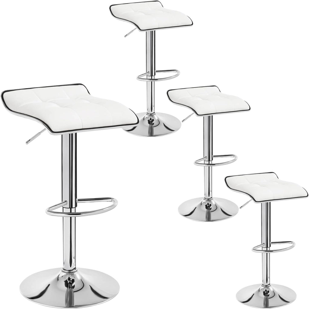 Sgabelli da Cucina/Bar Set di 4, Sedie da Bancone con Poggiapiedi, Altezza Regolabile, Girevoli a 360°, Rivestimenti in PU, Struttura in Metallo, Soggiorno, Bar, Caffè, Bianco