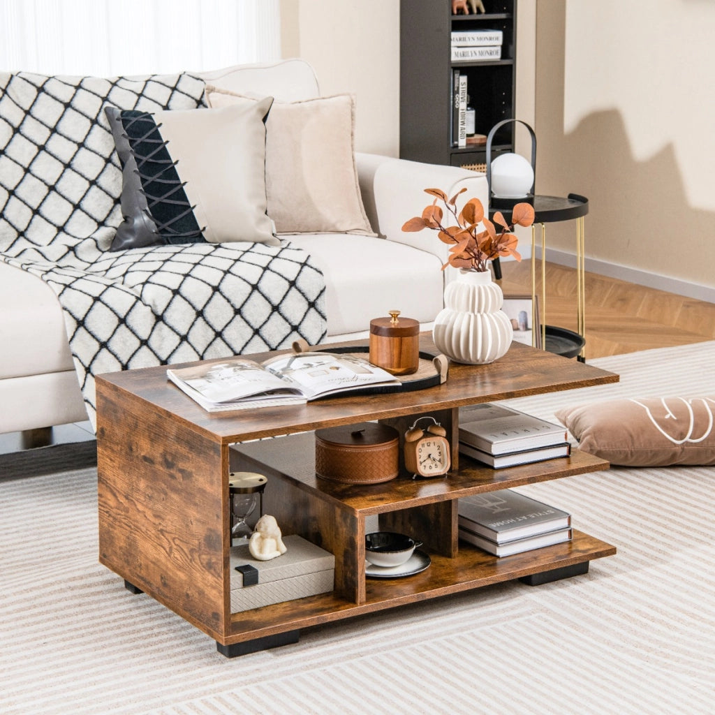 Tavolino da caff¨¨ con spazio di archiviazione, Tavolo rettangolare a 3 livelli con mensola centrale a forma di L Marrone