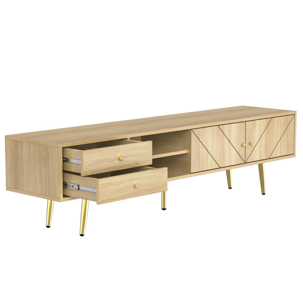 TV-Board 160 cm in legno con due cassetti, due ante e piedi metallici dorati