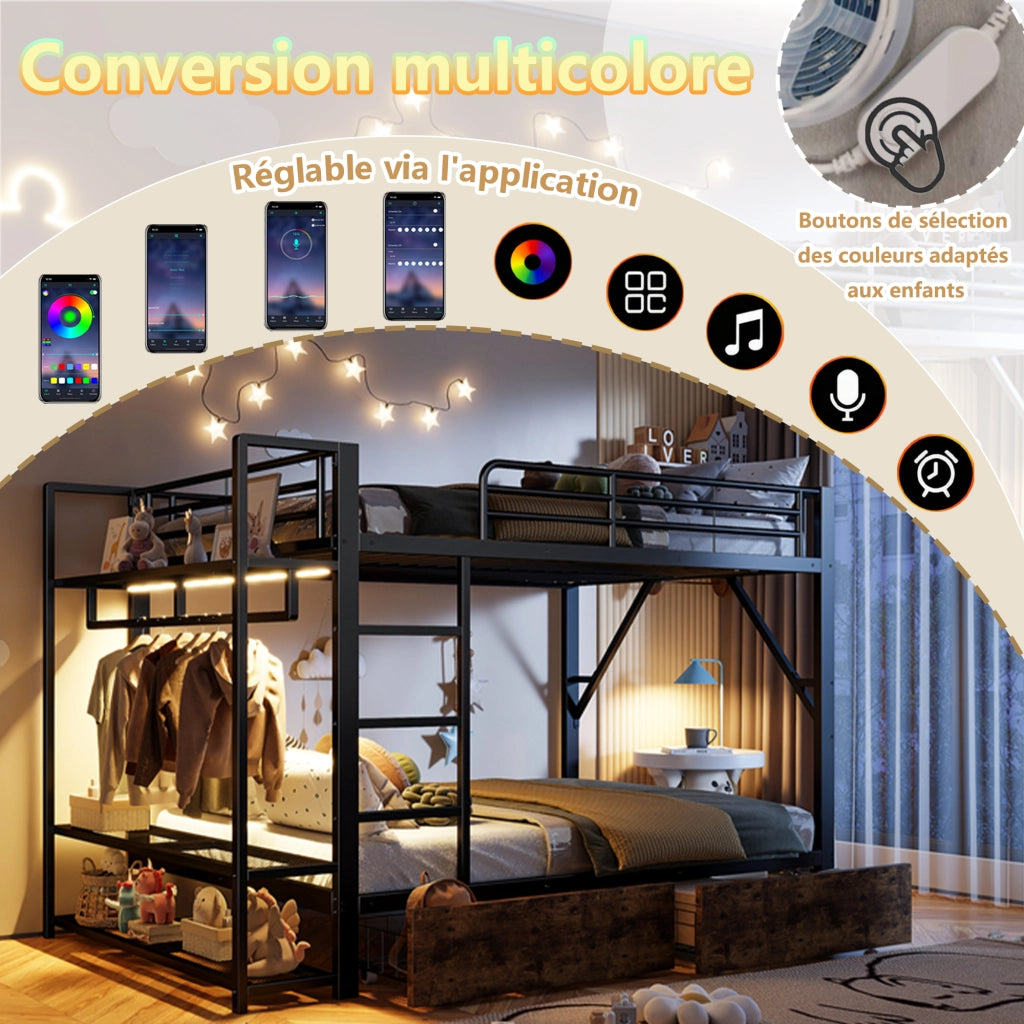 OKWISH Letto a Castello 140×200 cm, Letto Matrimoniale con 2 Cassetti, Mensole, LED Regolabile e Barra Appendiabiti, senza Materasso, Nero