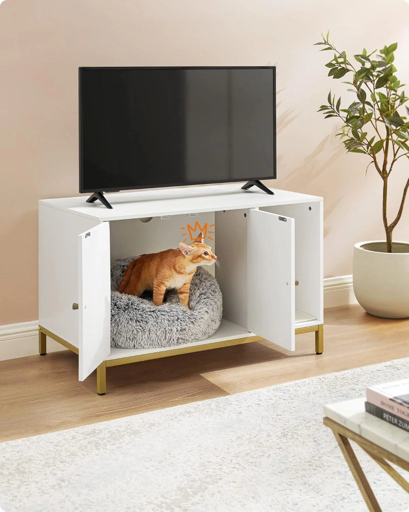 Feandrea Mobile Lettiera per gatti Casa del WC per gatti con tappetino raschiante, piedi alti, tavolino, 80 x 50 x 55 cm, bianco e oro PCL007W01
