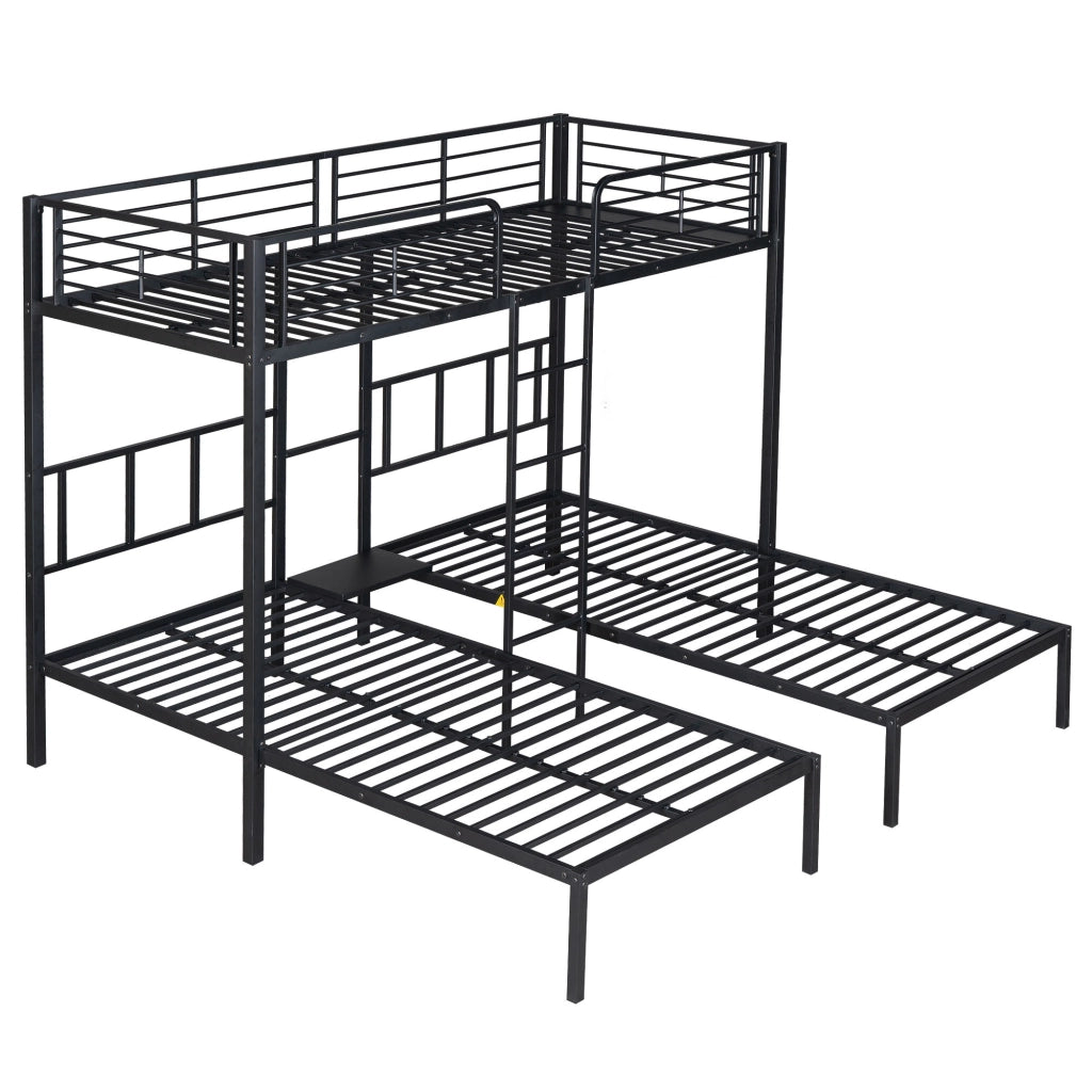 Letto a Castello Letto Singolo 90x200 cm; 3 Posti; con Scala; Tavolo e Sponda; Nero