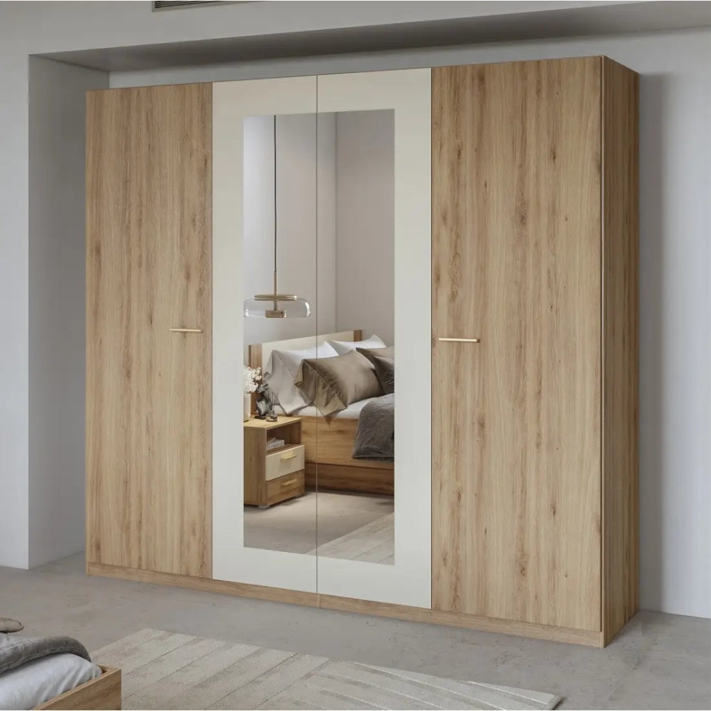 Armadio VERTIGO – 4 porte con specchio – 228x215 cm – Rovere selvaggio e beige sabbia