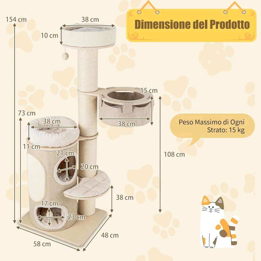 Albero per Gatti da 154 cm, Torre per Gatti Multi-livello con Condominio a 2 Piani, Ampio Piazzale, Tiragraffi in Sisal, Moderno Centro Giochi per Gattini