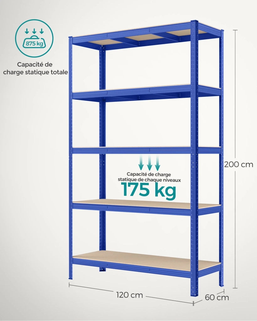Scaffale per carichi pesanti a 5 ripiani armadio portaoggetti in acciaio 60 x 120 x 200 cm montaggio senza attrezzi ripiano da garage per cassette degli attrezzi capacità di carico 875 kg blu 12_0005575