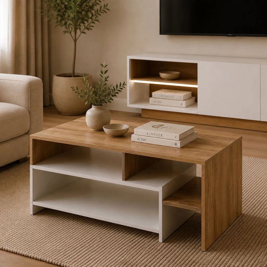 Karaseso, Tavolino da Salotto 3 Vani, 120x60x53h cm Marrone Rovere