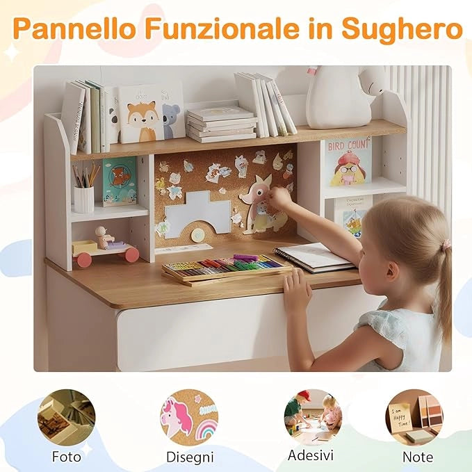 Scrivania per Bambini, 8-12 Anni, Tavolo in Legno con Bacheca in Sughero, Stazione di Ricarica, Ampio Piano, Mensole Regolabili e 2 Cassetti, Ideale per Studio e Disegno
