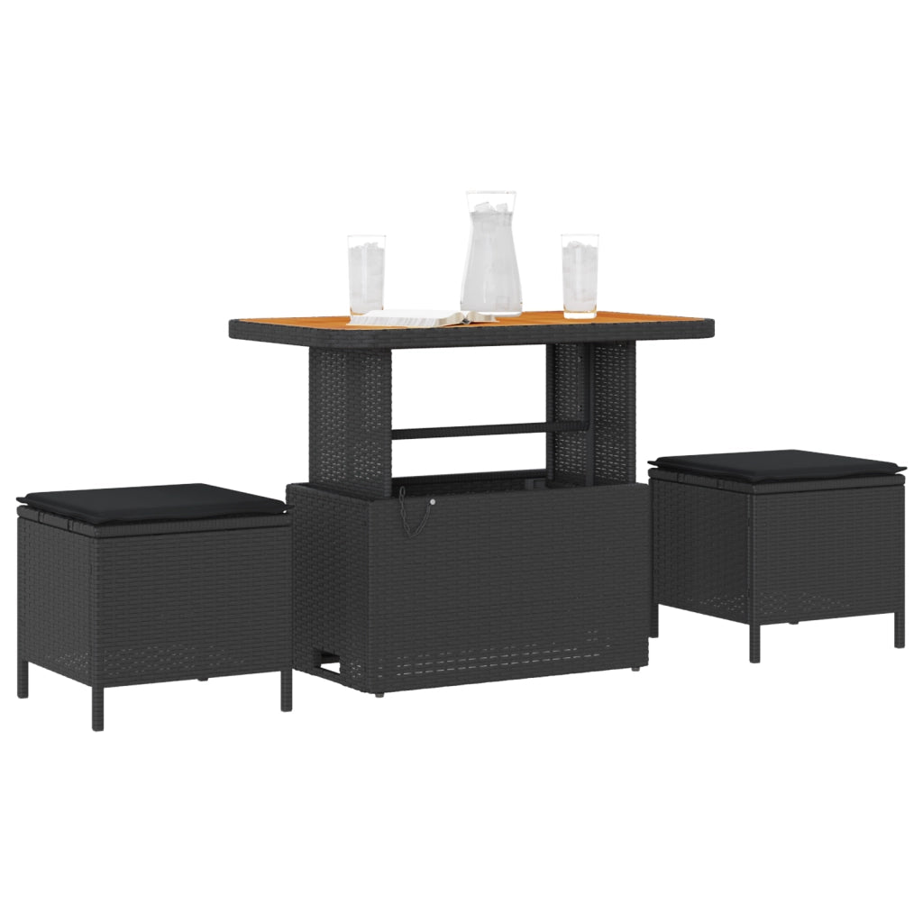 Set da Pranzo da Giardino a 3 Pezzi con Cuscini Rattan Sintetico Nero Acacia