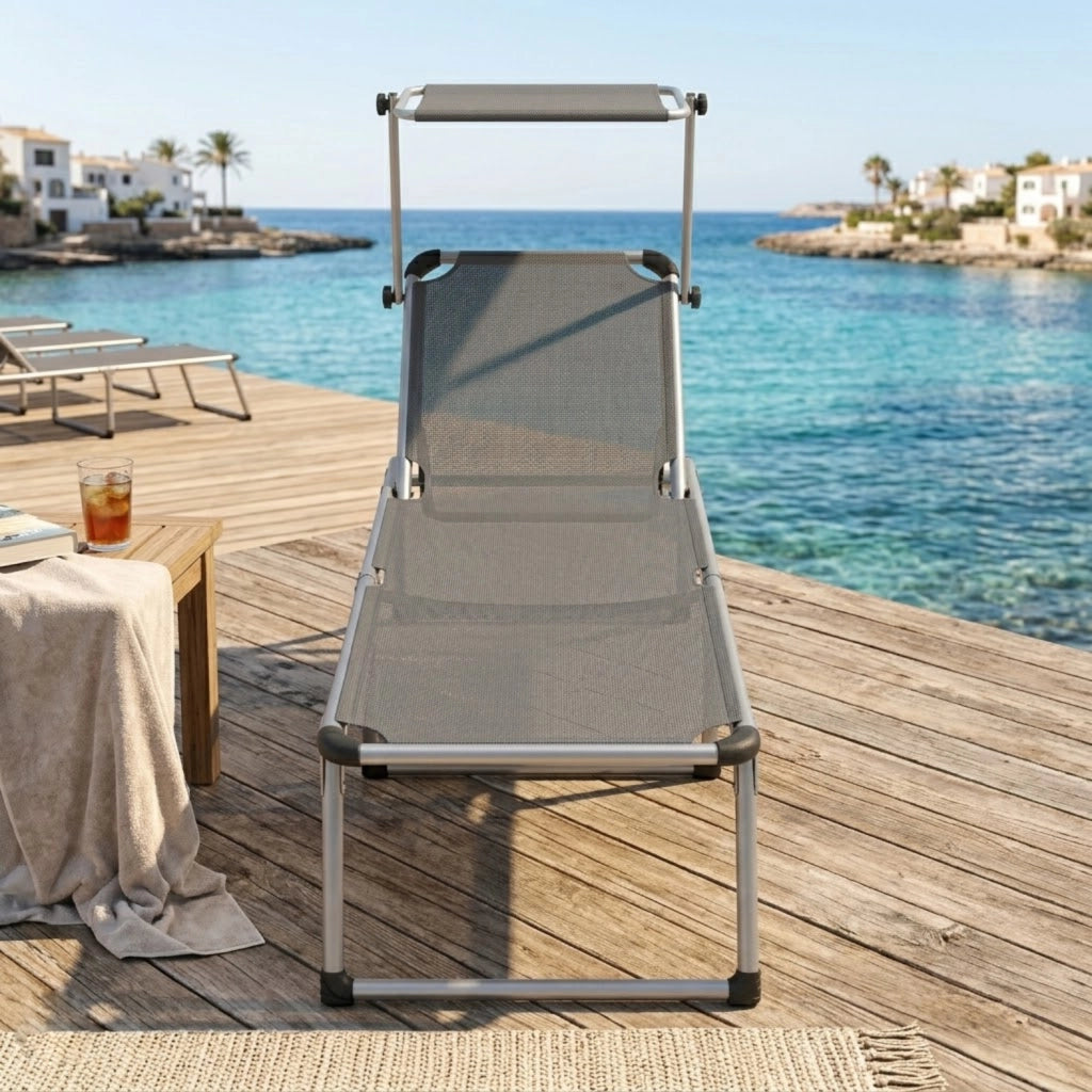 Lettino Pieghevole Prendisole Con Tettuccio Parasole Schienale Reclinabile In 6 Posizioni Regolabili Struttura In Alluminio Sedia Sdraio Per Spiaggia Mare Giardino Piscina 187 x 59 x 29 Cm Grigio Scuro