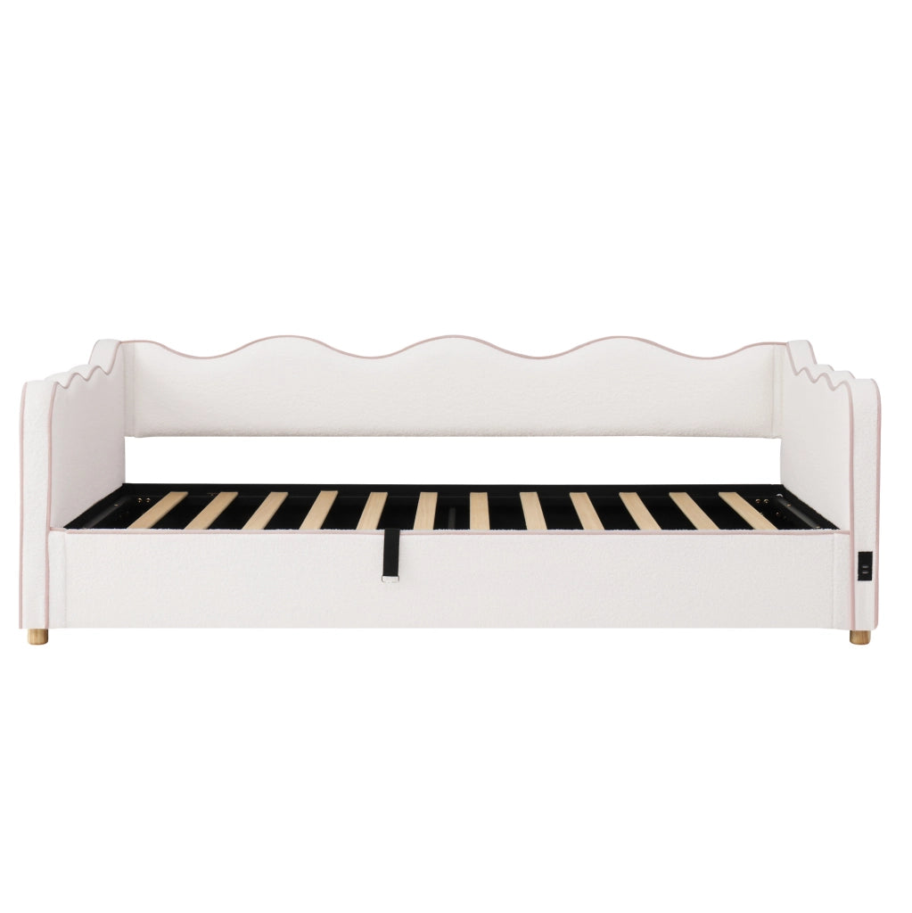 Letto imbottito ULEVR 90x200 cm con contenitore idraulico, USB e Type-C, boucl¨¦ beige