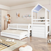 Letto a casetta 90x200 cm con letto estraibile; scala laterale e contenitore in legno bianco