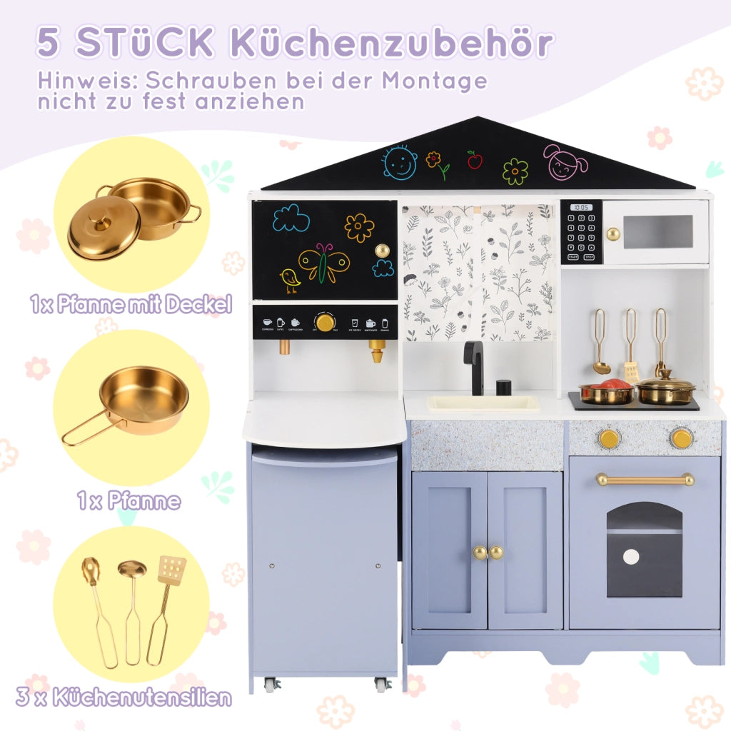Cucina giocattolo per bambini con lavello, forno, microonde, caffettiera, isola cucina e credenze in MDF lilla