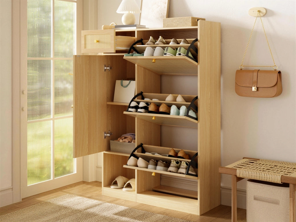 Scarpiera in truciolare con 3 ante a ribalta, 1 cassetto e 1 anta, design in rattan per ingresso, 80,5 × 25 × 125 cm