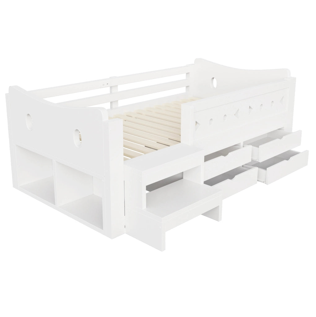 Letto singolo per bambini 90x200 cm con cassetti; LED; USB-C e sponde; bianco