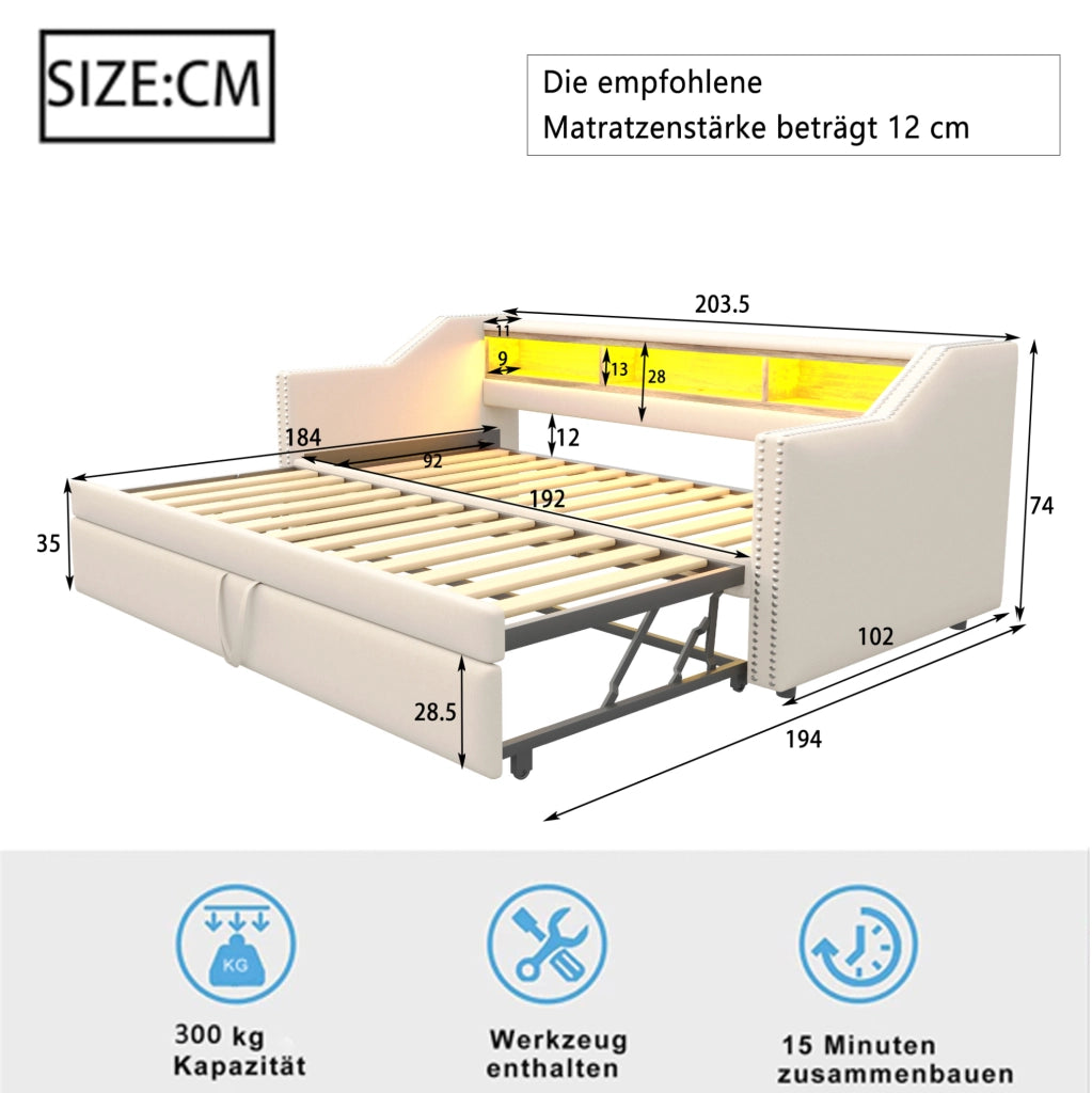 Divano letto imbottito estraibile 90/180 x 190 cm in lino beige con LED; USB e rete a doghe
