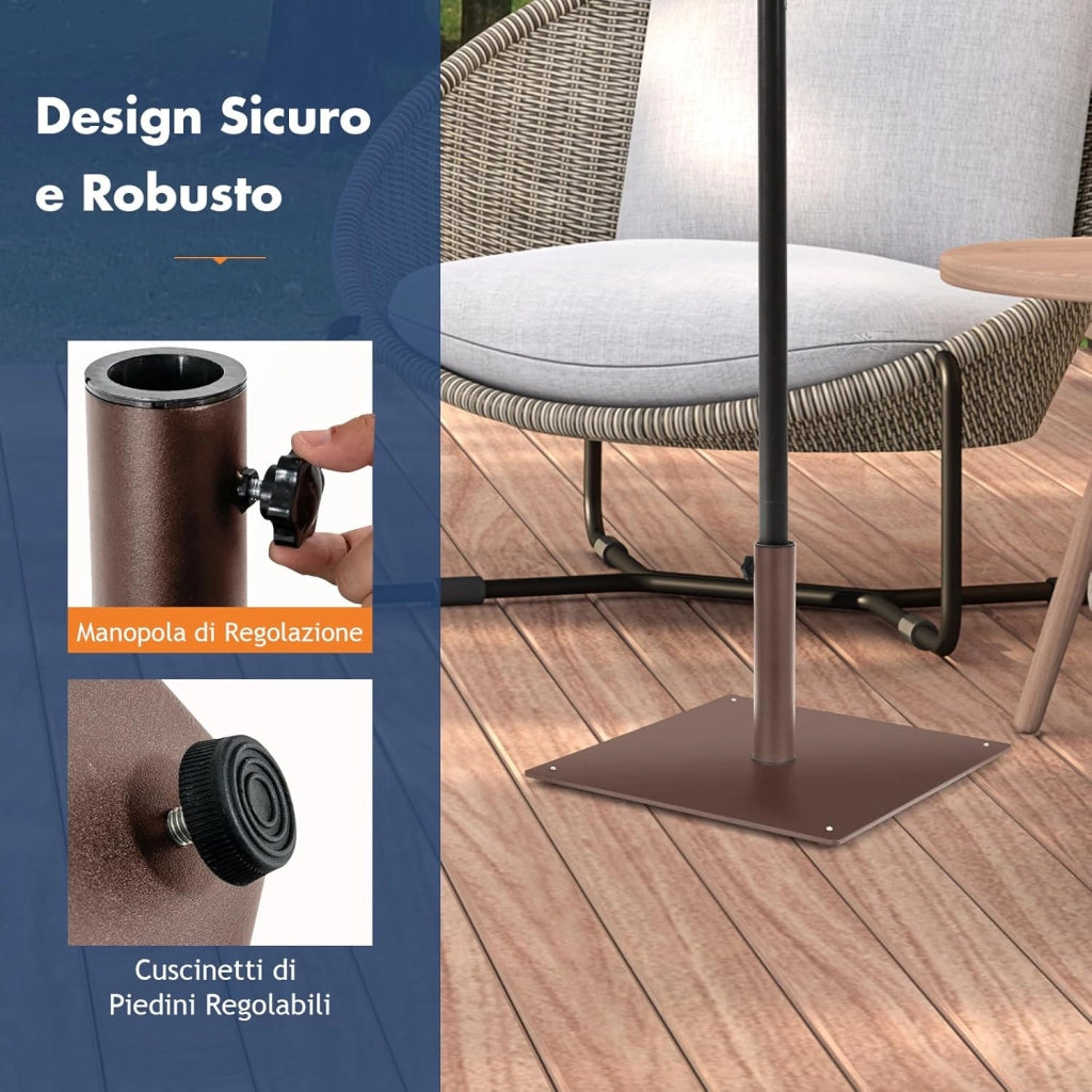 Base per Ombrellone Quadrata 50 cm, 16 kg con 4 Piedini Regolabili, Adattatori da 4cm/5cm, Supporto Ombrellone Installazione Veloce, per Patio Piscina (Marrone)