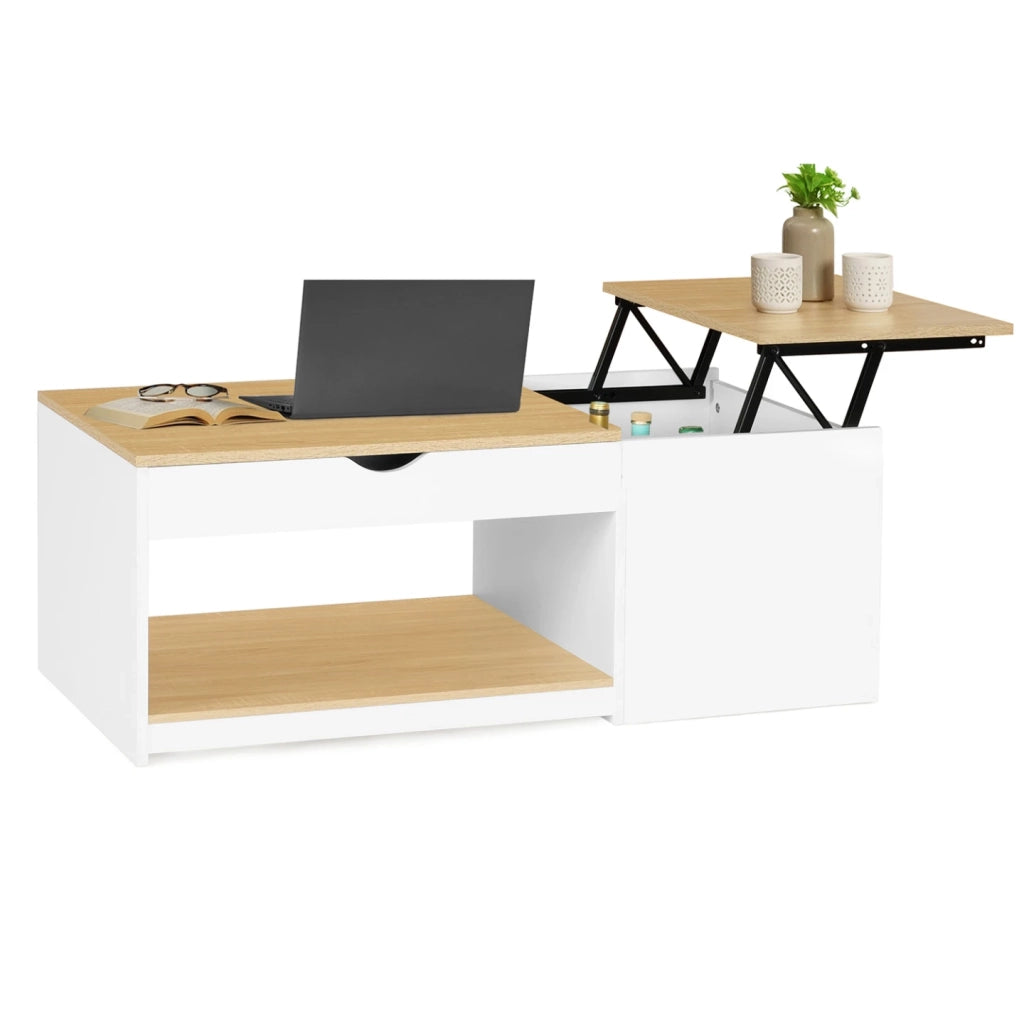 IDMarket - Tavolino ELEA a 2 ante sollevabili con struttura in legno bianco ed effetto faggio