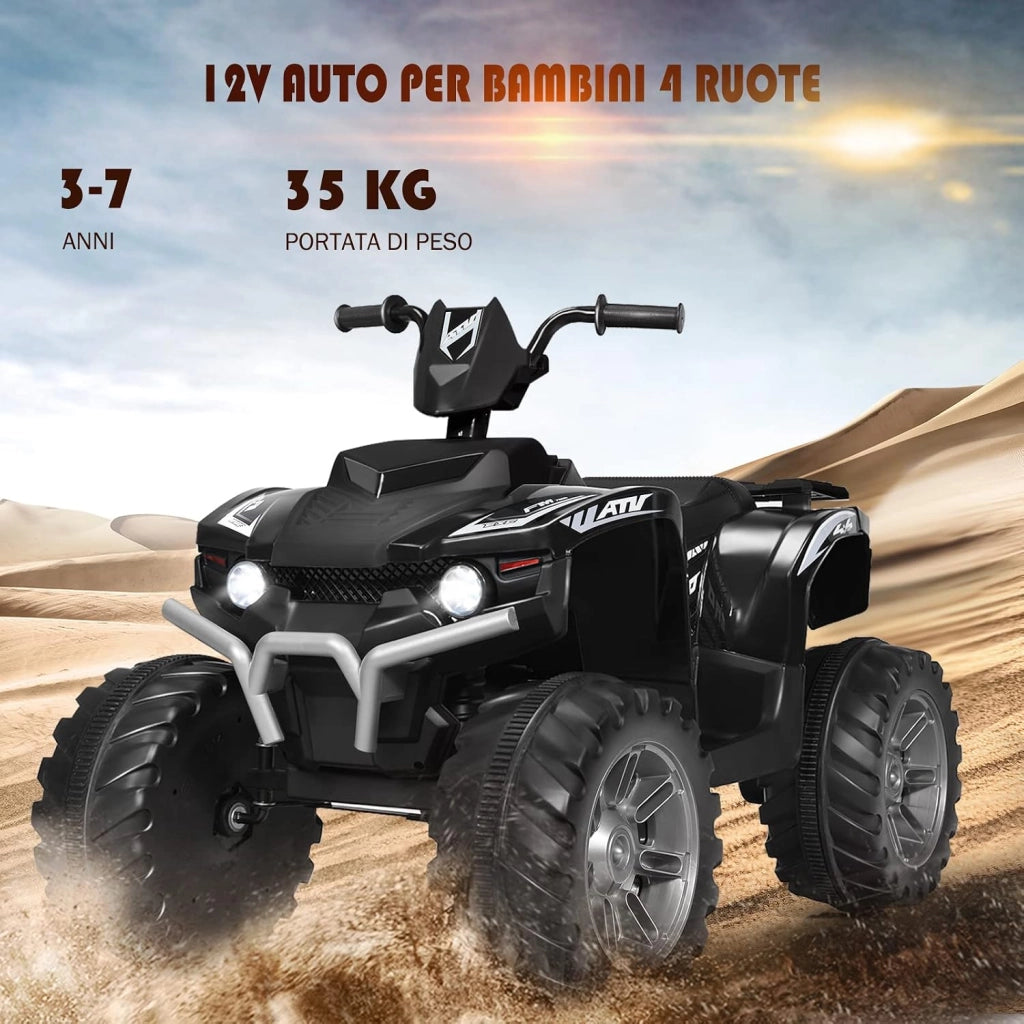 12 V Quad Elettrico per Bambini, Auto Elettrica Cavalcabile con Luci LED e Musica, Velocità Fino a 5km/h, per Bambini 3-7 Anni (Nero)