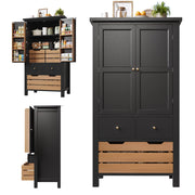 Credenza alta da cucina 80x40x140 cm nera con 2 ante e 5 cassetti
